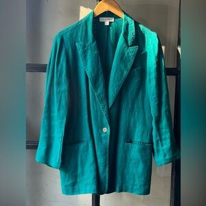 Lovely 90’s Vintage Karen Kane Teal Pure Linen Suit Coat Blazer Jacket